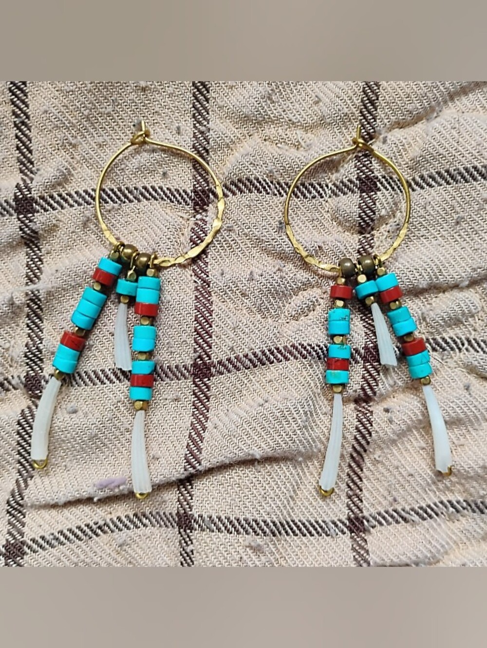 Handmade Turquoise, Red Jasper, and Tusk Shell Dangle Hoops - Picture 2 of 3